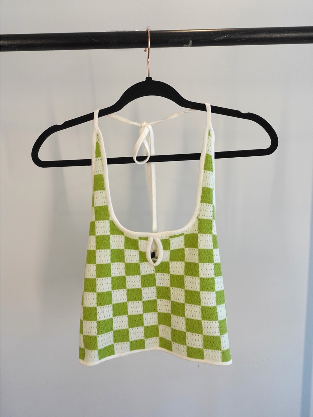 Green and White Checker Knit Halter Crop Tank Top